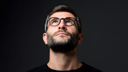 Fototapeta premium Man with Glasses Looking Upward Isolated On Black Backdrop