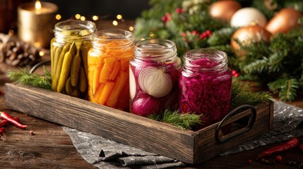 Rustic Wooden Tray with Pickled Vegetables Jars