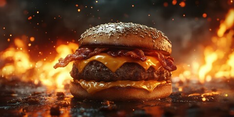 Juicy cheeseburger with bacon sits on a fiery grill at twilight in a backyard barbecue