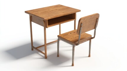 Simple wooden school desk and chair