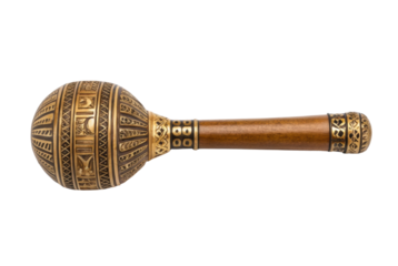 PNG Intricately carved wooden maraca with geometric patterns and golden accents on handle