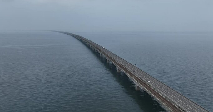 The Great Belt Bridge in Denmark. connecting the islands of Funen and Sealand across the Great Belt. Denmark, Europe. aerial view.