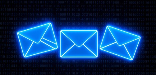Three glowing blue digital envelopes on black background with binary code, notification, message
