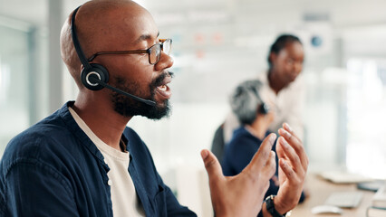 Man, consultant or discussion with headset at call center for customer service or online advice....