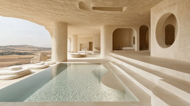 Luxury resort with pool and desert landscape with off-white stone. Show the allure of high-end travel destination and architecture design.