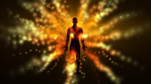Silhouette of a standing person with particle effects
