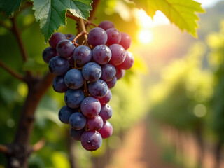 Naklejka premium A bunch of grapes hanging on a vine in sunlight, vineyard setting, shallow depth of field.