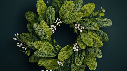 Festive Wreath with Green Leaves and White Berries for Holiday Decor