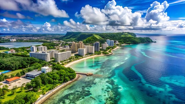Aerial view of tumon bay guam featuring beachfront hotels and turquoise water