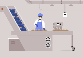 Inside a contemporary food processing facility, a dedicated worker in a blue uniform and hair net skillfully manages baked goods moving along a conveyor belt, ensuring quality and efficiency