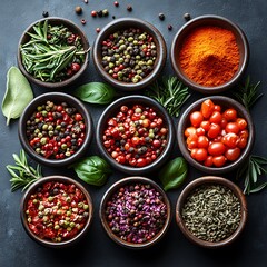 Variety of Spices and Herbs in Wooden Bowls