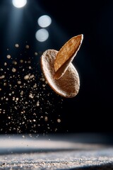 A light-brown, crispy, wafer-like treat, levitating in mid-air, surrounded by a shower of powdered sugar