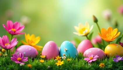 Colorful Easter eggs nestled amongst vibrant spring flowers A cheerful spring scene , colorful, decoration, spring flowers and eggs