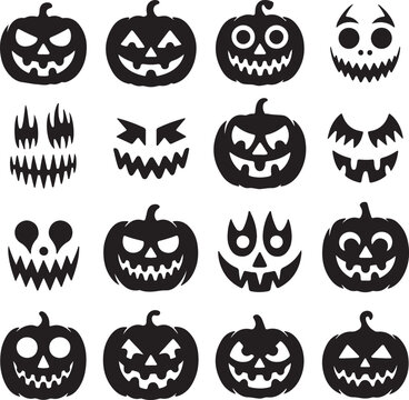 Collection of halloween pumpkin carving faces spooky holiday decorations