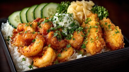 Colorful bento box meal featuring shrimp rice tempura pickles and a variety of fresh ingredients for balanced diet