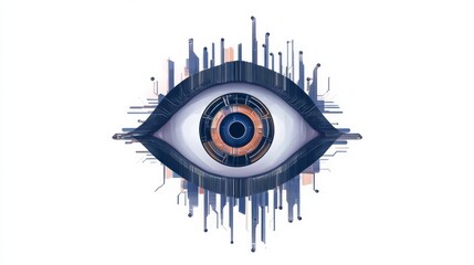 An artistic depiction of an eye with digital circuits and a futuristic design.
