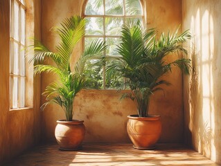 Obraz premium Two potted palm trees are by a vintage window in warm sunlight. It sets a tropical, relaxing, and homey mood to any designs.