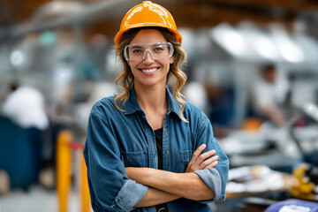Confident woman in a hard hat and safety glasses stands with arms crossed in a busy workshop filled with machinery and workers during daylight hours
