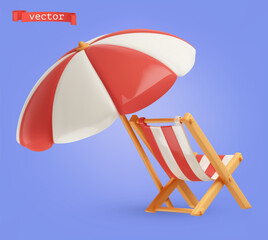 Beach umbrella and sun lounger. 3d realistic vector