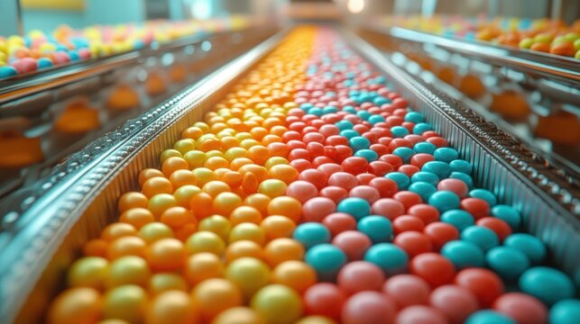 Colorful candy balls on a conveyor belt