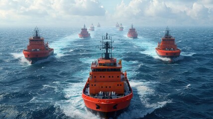 Fototapeta premium Shipping packages by vessel. Fleet of red ships navigating through ocean waters under a cloudy sky.