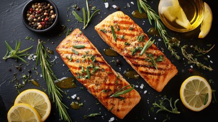 Fresh Salmon Fillets with Herbs and Lemons on Plate
