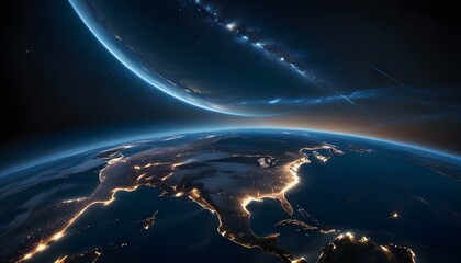 An awe-inspiring view of Earth from space, highlighting city lights and distant galaxies.