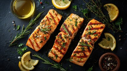 Fresh Salmon Fillet with Lemon and Herbs on White Background