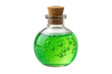 PNG Round glass bottle with green liquid and cork stopper