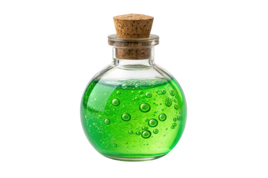 PNG Round glass bottle with green liquid and cork stopper