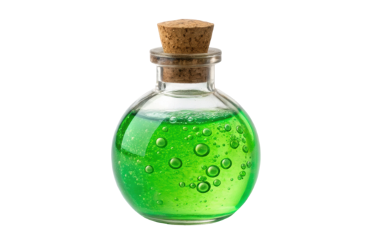 PNG Round glass bottle with green liquid and cork stopper
