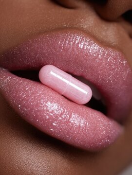Woman's lips with pink glossy shimmering lip gloss holding a pink pill between the lips
