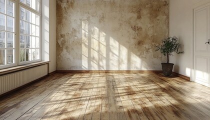 Light streams through a large window onto a rustic wall, wooden floor. Ideal for showcasing furniture, product mockup, or interior design ideas.