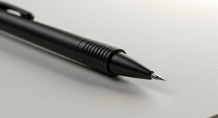 A close up shot of a black pen resting on a white surface in a well lit environment