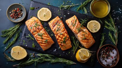 Fresh Salmon and Lemon Slices on Slate Board for Seafood Menu