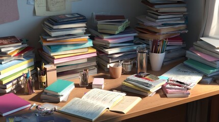 A cluttered study desk overflowing with books, notebooks, and stationery.  Sunlight streams in