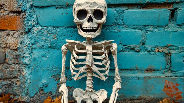 Discover a spooky scene with a skeleton sitting near a weathered brick wall, creating a haunting atmosphere.