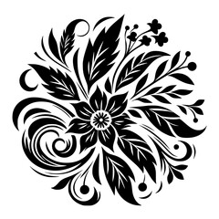 Black Floral Ornament with Leafy Swirls, Decorative Vector Design