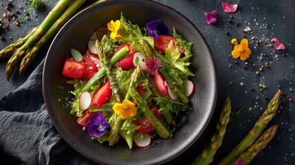 Fresh Salad with Asparagus and Tomatoes on Plate