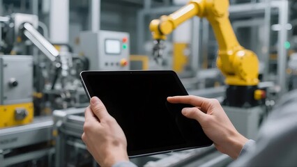 タブレット端末を使う手が映る工場の黄色いロボットアームと機械装置の制御における自動化技術