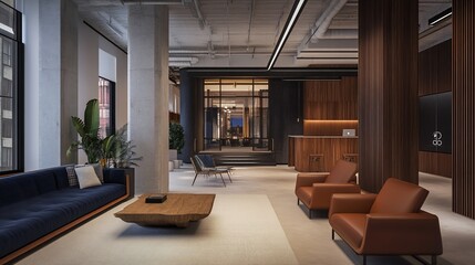 Fototapeta premium Modern industrial office lobby with exposed concrete columns, wood paneling, comfortable seating, and large windows.
