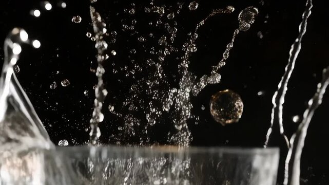 Liquid pours into a transparent glass, spilling out the sides in a splash against a dark background, creating dynamic water motion.