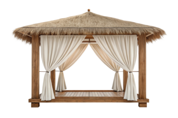 PNG Tropical wooden gazebo with thatched roof and white curtains