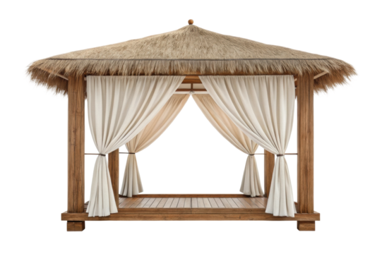 PNG Tropical wooden gazebo with thatched roof and white curtains