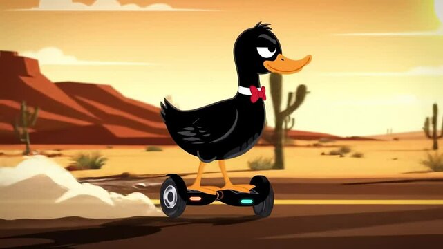 Cartoon duck riding a hoverboard through a desert landscape with mountains and a sunset backdrop - cartoon black duck
