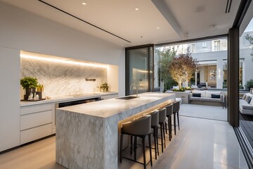 Gourmet kitchen with a rooftop terrace captured in soft ambient lighting, showing modern architecture, detailed textures, and clean surroundings.