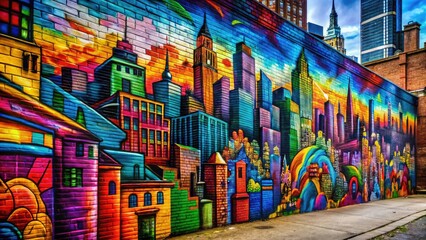 Fototapeta premium Vibrant graffiti art depicting a colorful cityscape mural on a brick wall