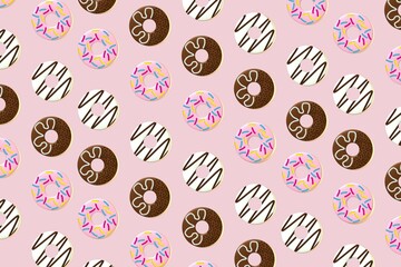Seamless donut pattern with colorful sprinkles and chocolate glaze. Diagonal arrangement on soft background. Perfect for Doughnut Day, background and printing