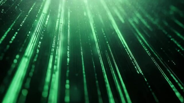 Abstract luminous rain, emerald green, representing data stream and futuristic motion, against dark backdrop