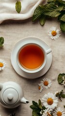Herbal tea, chamomile, mint, relaxation, beige fabric
